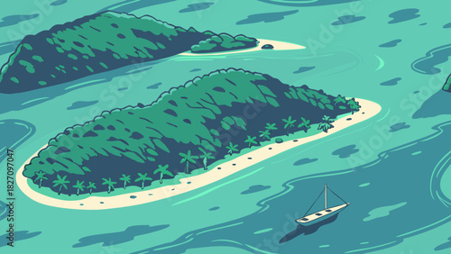 A serene tropical island scene with lush greenery, a pristine beach, and a sailboat gently gliding through the turquoise waters near the shore