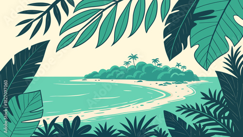 Tropical island paradise with lush greenery and turquoise waters, framed by vibrant leaves, creating a serene and inviting scene of natures beauty