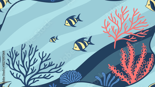 A vibrant underwater scene featuring colorful coral reefs and playful fish swimming amidst gentle ocean waves, creating a serene and captivating seascape