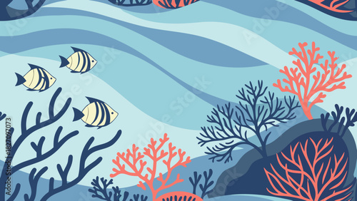 A vibrant underwater scene featuring colorful coral reefs, playful fish, and gentle waves creating a serene and captivating marine environment