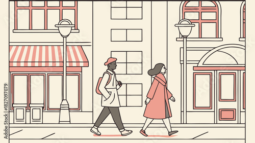 A stylized illustration of two pedestrians walking on a city street with buildings and streetlights, rendered in a limited color palette