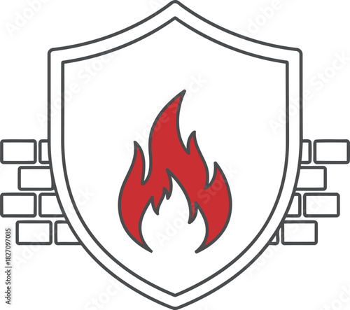 Firewall Illustration Representing Security and Protection with Shield and Flames for Digital Assets and Network Security Awareness Initiatives