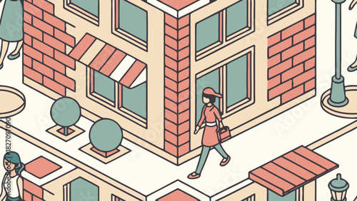 Isometric city scene with pedestrians walking near buildings, creating a vibrant and lively urban environment with a unique perspective