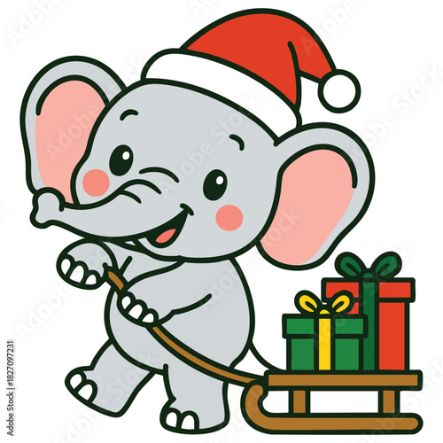 Cute elephant pulling sled with gifts