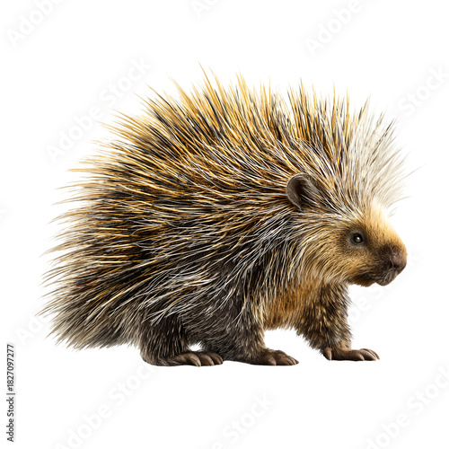 A detailed profile of a north american porcupine with sharp quills isolated on transparent background