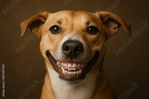 A broadly smiling dog with braces.