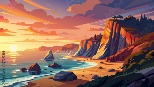 Very beautiful coastal sunset scene showcasing dramatic seaside cliffs, warm evening light over rugged rock formations, and a tranquil beach below gently meeting the calm ocean, creating a peaceful Ne