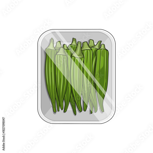 Illustration of fresh okra neatly arranged in a styrofoam food tray and wrapped in plastic, resembling typical supermarket vegetable packaging.