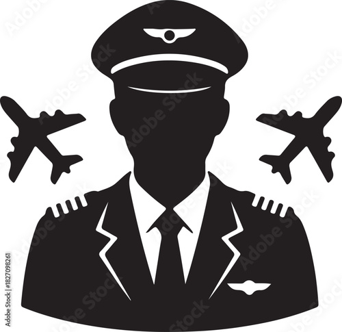 Professional pilot icon silhouette with airplane symbols, representing aviation, air travel, flight crew occupation, and transport.
