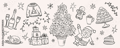 Christmas dinner party sketch with festive doodles bows decorated tree, champagne glasses, roasted turkey, gifts, gingerbread man, garland, dancing Santa and cozy sweater. Crayon vector illustration.