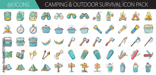 Camping and outdoor survival gear icon pack, adventure essentials, wilderness equipment set