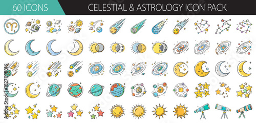 Celestial and astrology icon pack with sun, moon, planets, stars, and constellations vector