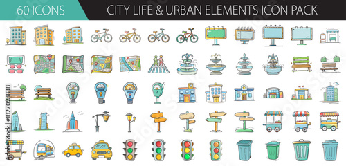 Hand drawn city life and urban elements icon pack with essential infrastructure visuals.
