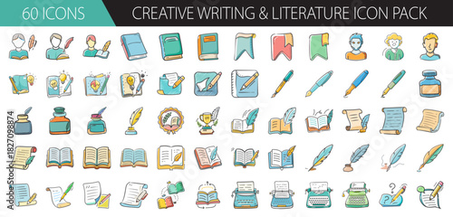 Hand-drawn creative writing and literature doodle icons pack for education, story, books
