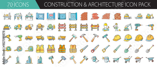 Construction and architecture hand-drawn icon set with tools, vehicles, and safety gear