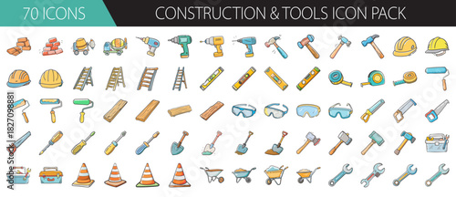 Construction & workshop tools icon pack for builders and diy projects, flat vector set