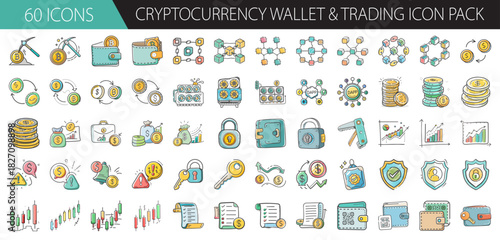 Cryptocurrency wallet, trading, and blockchain hand drawn icon set for digital finance.