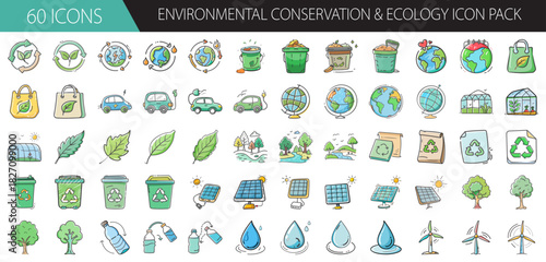 Environmental conservation and ecology icon pack with hand-drawn style design elements collection.