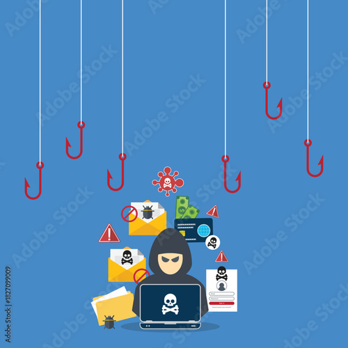 Hacking concept, hacker, scammer with laptop computer stealing confidential data, personal information and credit card detail. 