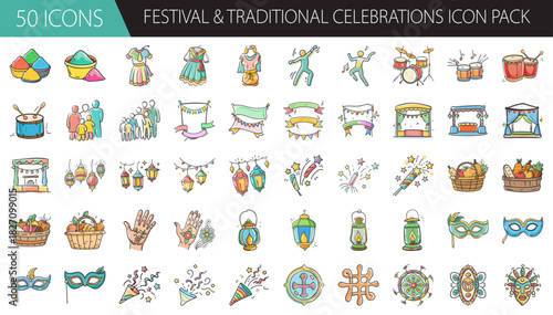 Fifty hand-drawn icons representing global festivals, traditional celebrations, and culture