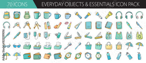 Seventy hand-drawn everyday objects and essentials icon pack illustration set vector