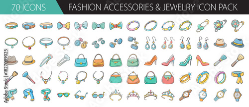 Seventy hand-drawn fashion accessories and jewelry icon set, vector illustration collection.