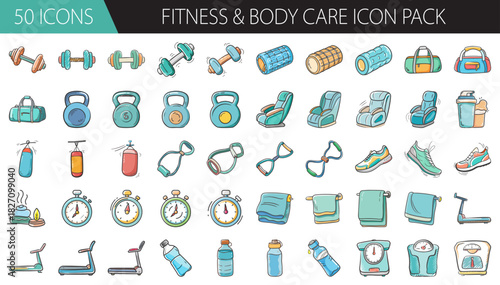 Fitness and body care icons set: gym equipment, health, exercise, spa, sport activities