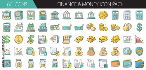 Hand drawn finance and money icons: banking, payment, investment, currency, wealth, business