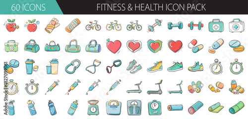 Hand drawn fitness and health icons pack for exercise, gym, and medical wellness design