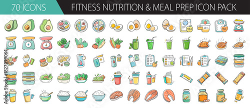 Fitness nutrition and meal prep vector icons for healthy eating and wellness lifestyle set