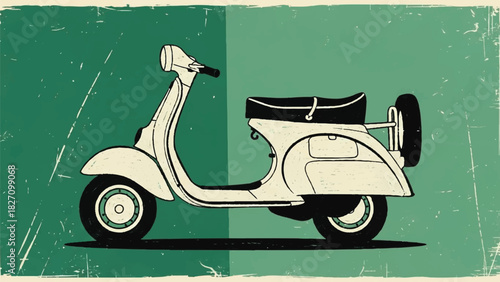 Retro Italian Scooter Graphic on Distressed Two-Tone Green Background for Vintage Travel Poster or Ad