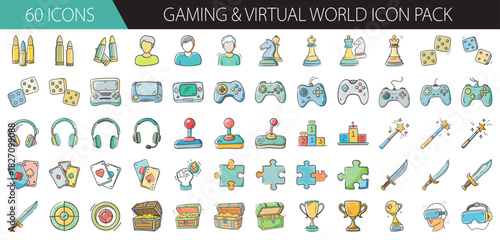 Gaming and virtual world icon pack. set of modern hand-drawn digital entertainment symbols