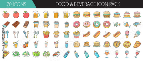 Food and beverage icon pack: meals, drinks, desserts, and snacks for menus, apps, and web design.