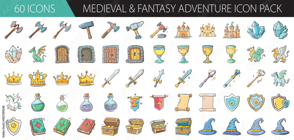 Fototapeta premium Medieval and fantasy adventure icon pack: axes, swords, castles, dragons, crowns, potions, scrolls