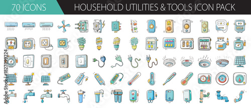 Essential household utilities and tools icon set for home maintenance and smart living.