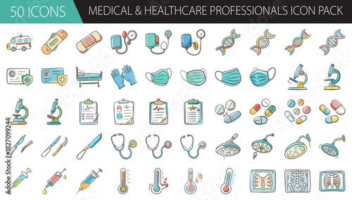 Hand drawn medical and healthcare professional icon set. health service essentials collection.