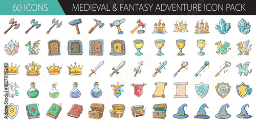 Medieval and fantasy adventure icon pack: axes, swords, castles, dragons, crowns, potions, scrolls