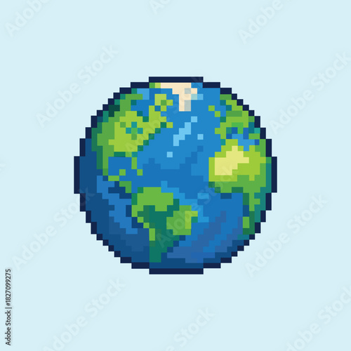 Pixel art earth globe icon. Vector, 8 bit logo for game