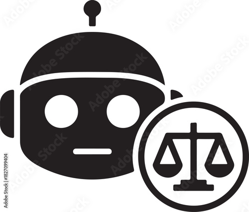 Artificial intelligence robot head with justice scales, symbolizing legal technology, ai ethics, and automated justice system concepts.