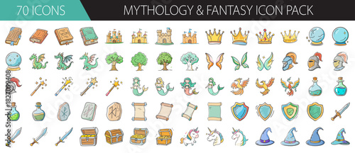 Mythology and fantasy icon pack with 70 hand-drawn vector illustrations, game elements