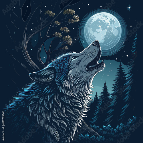 wolf howling at the moon in a night sky illustration