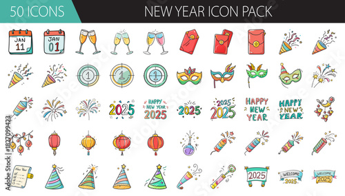 New year celebration icons set with festive party elements for holiday designs and events