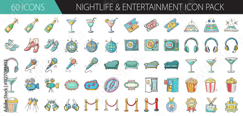 Nightlife and entertainment icon pack with party, music, and club elements vector art