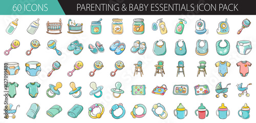 Parenting and baby essentials icon pack vector illustration featuring childcare items set