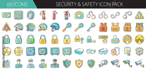 Hand drawn security and safety icon pack featuring various protection and surveillance items