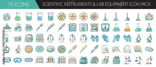 Hand drawn scientific lab equipment and instruments icons set. chemistry research biology tools.