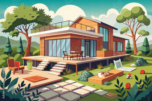 vector of Renovating a modern home in Melbourne includes adding a deck, patio, and yard area.