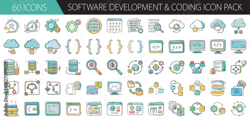 Software development and coding icon pack: programming, web design, app creation symbols.