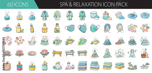 Spa and relaxation icon pack with essential elements for wellness and self-care