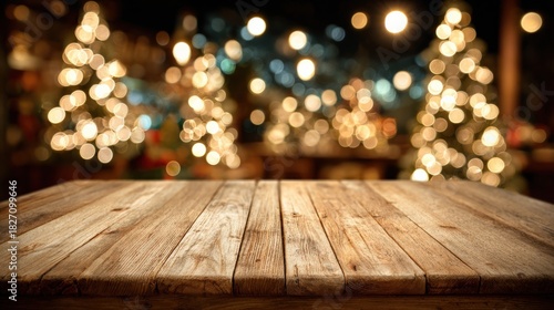 Festive Christmas Background with Wooden Table, Ideal for Product Display and Holiday Season Promotions